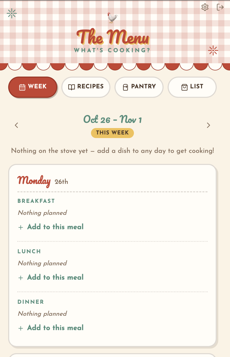 The Menu app on a phone: a gingham header reading The Menu, tabs for Week, Recipes, Pantry and List, and this week's planner showing Breakfast, Lunch and Dinner slots for Monday.